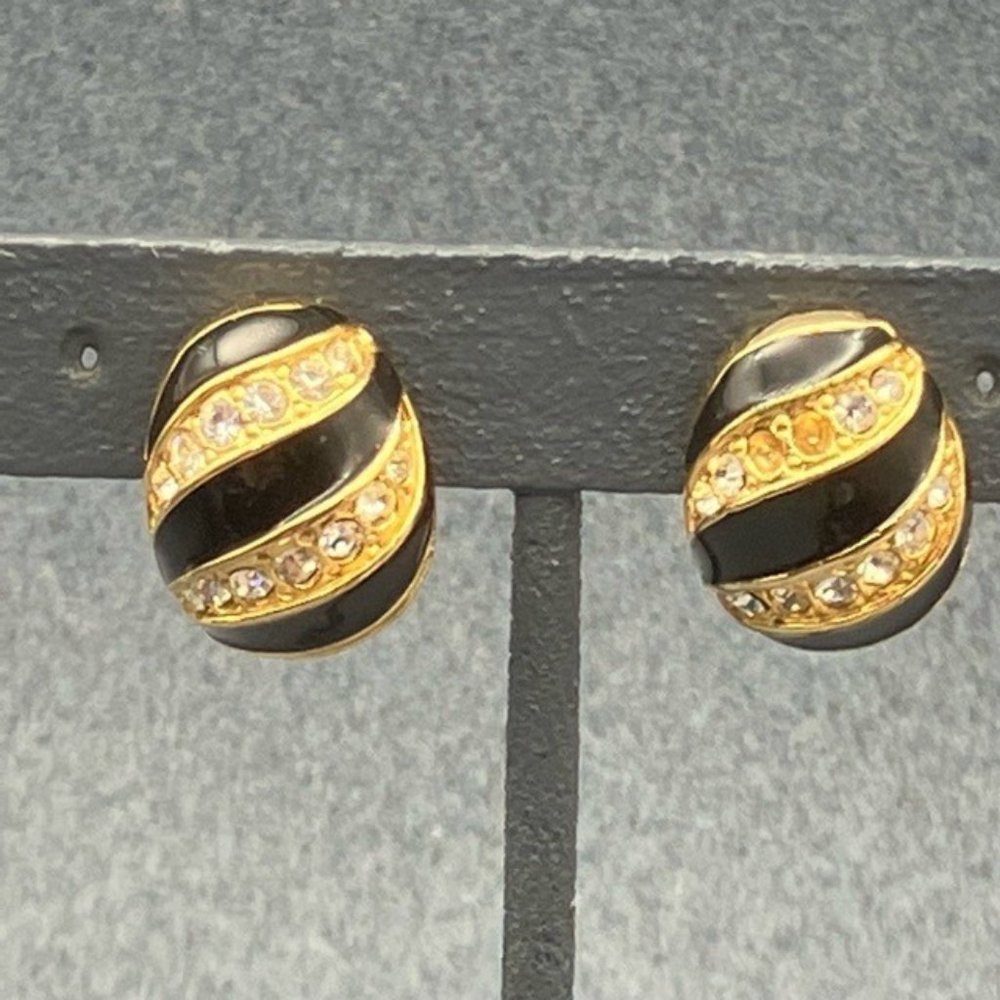 Clip On Earrings As Is Gold Rhinestone Black Enamel Curve Curl Vintage